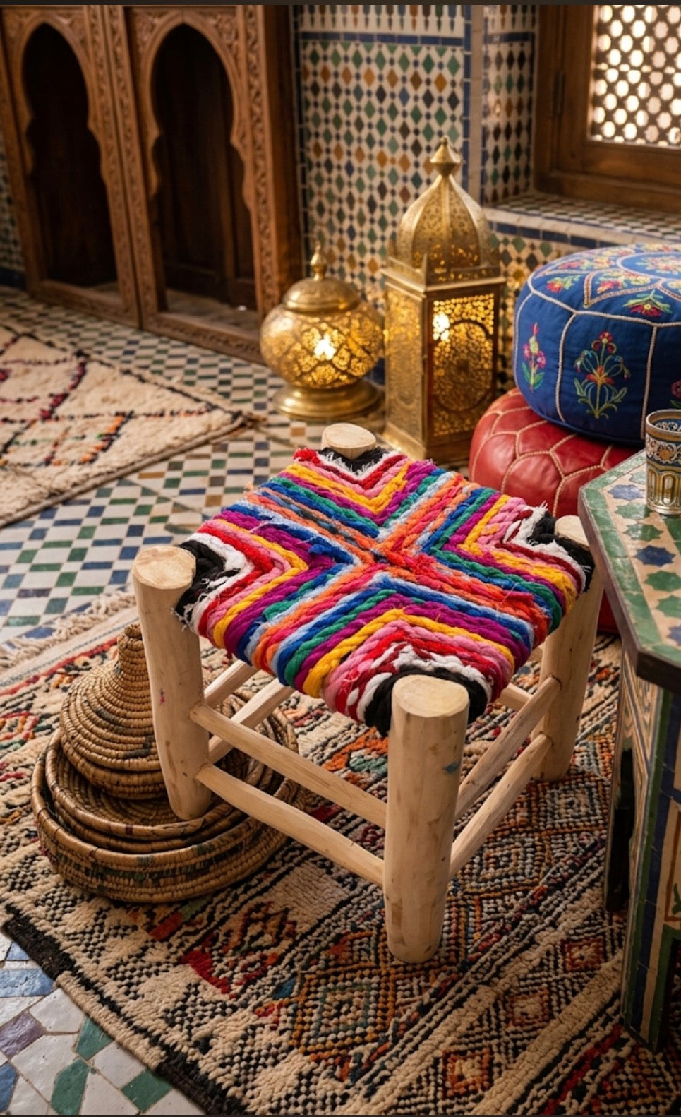 Tabouret en bois d'eucalyptus et boucherouite — mobilier artisanal marocain fait main