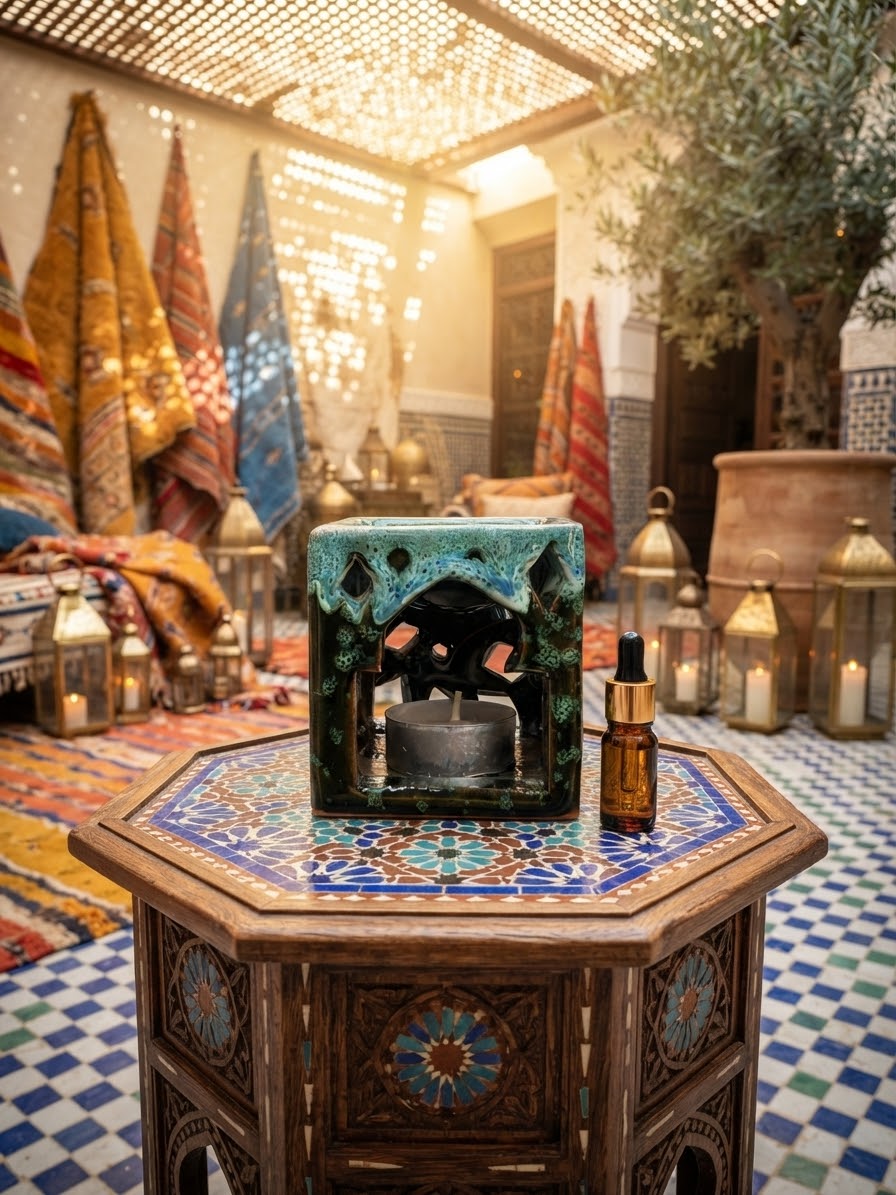 Brûle-parfum carré en céramique bleu turquoise, vert et marron, avec finition mouchetée, motifs ajourés et bougie chauffe-plat à l’intérieur.