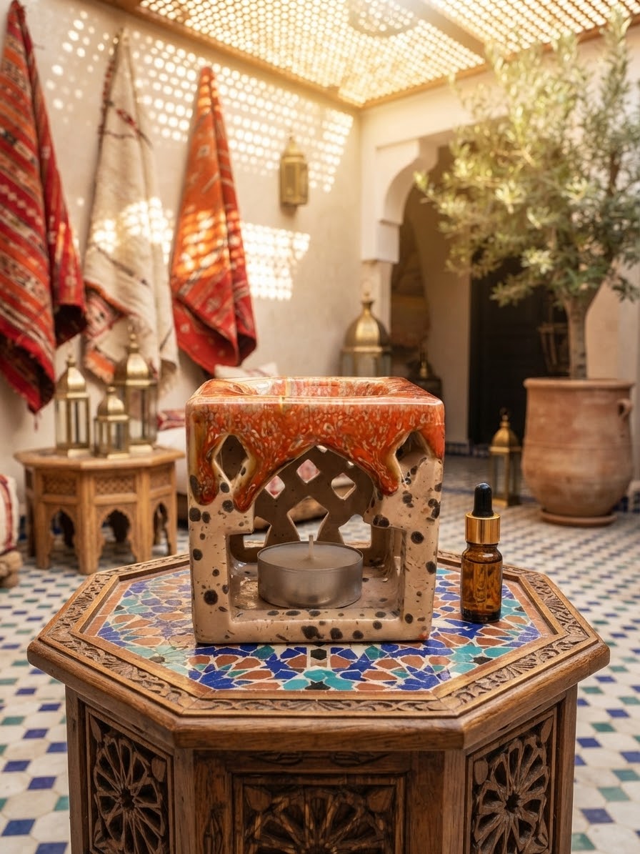 Brûle-parfum carré en céramique crème mouchetée et orange, avec motifs ajourés et bougie chauffe-plat à l’intérieur. 