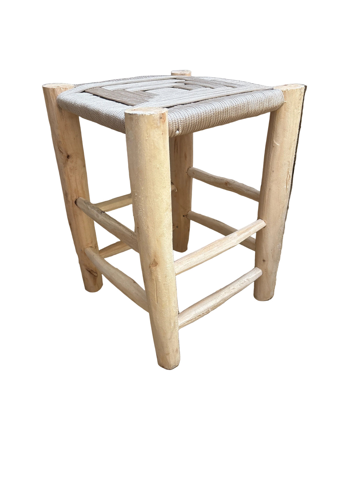 Tabouret en bois d'eucalyptus et cordes de nylon — mobilier artisanal marocain fait main