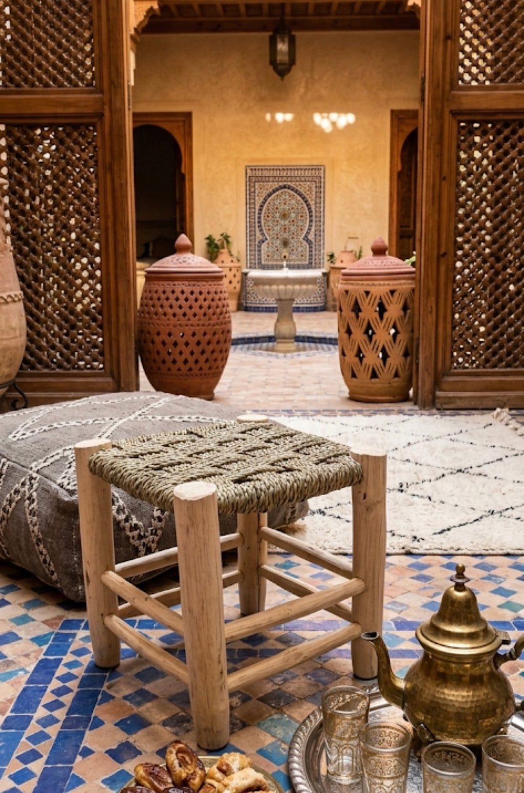 Tabouret en bois d'eucalyptus et doum tressé damier — mobilier artisanal marocain, pièce unique