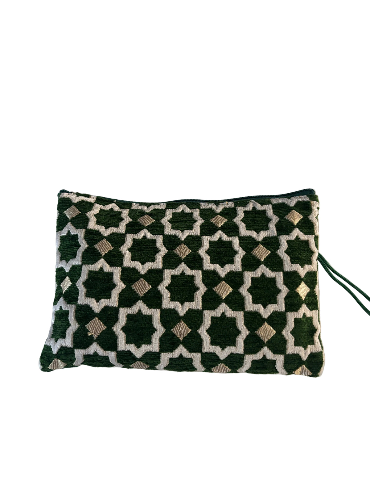 Pochette zippée brodée velours vert et blanc motifs marocains — fait main au Maroc