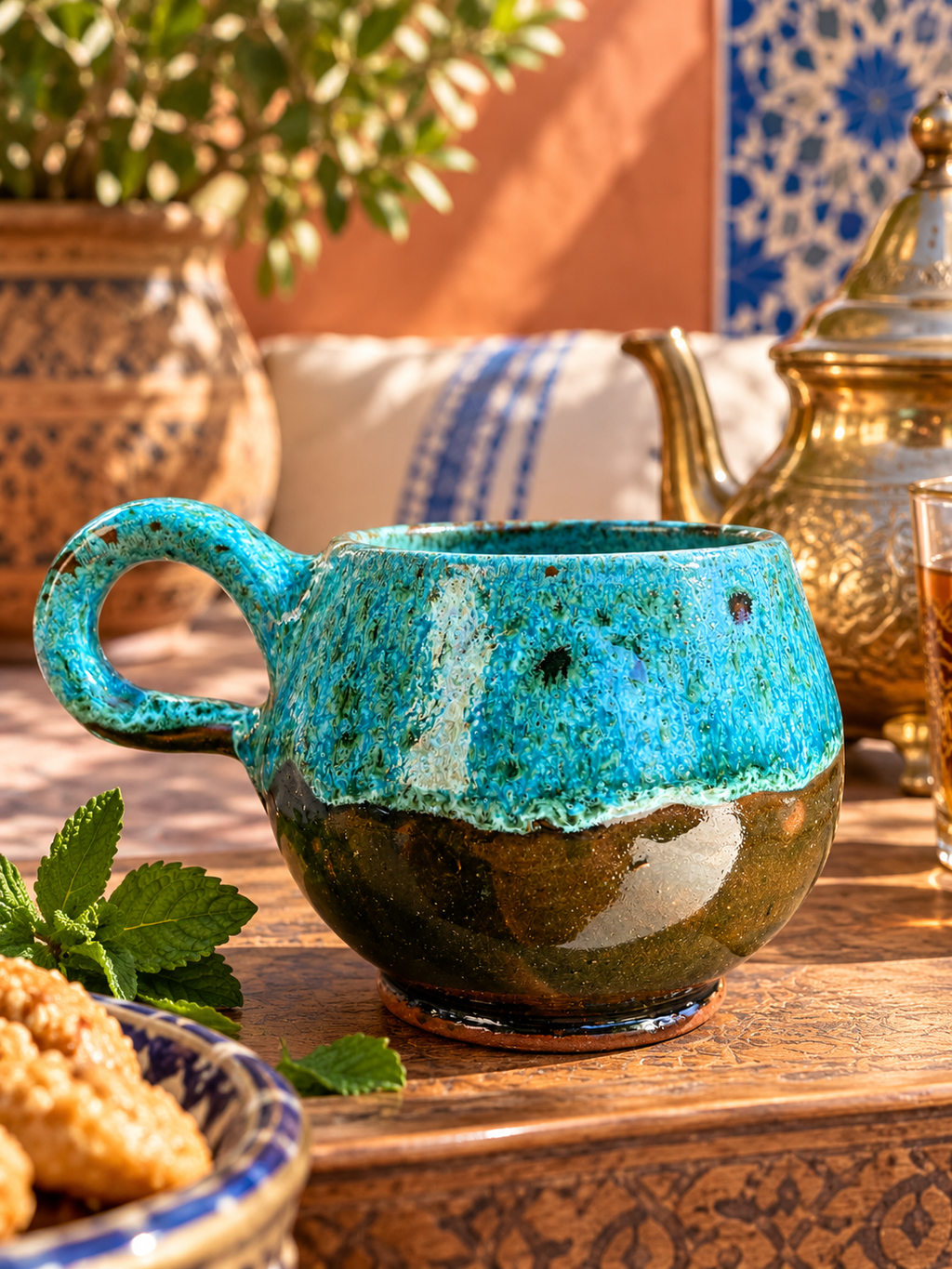 Tasse arrondie en céramique émaillée turquoise et marron, avec une anse ronde, posée sur une table en bois.