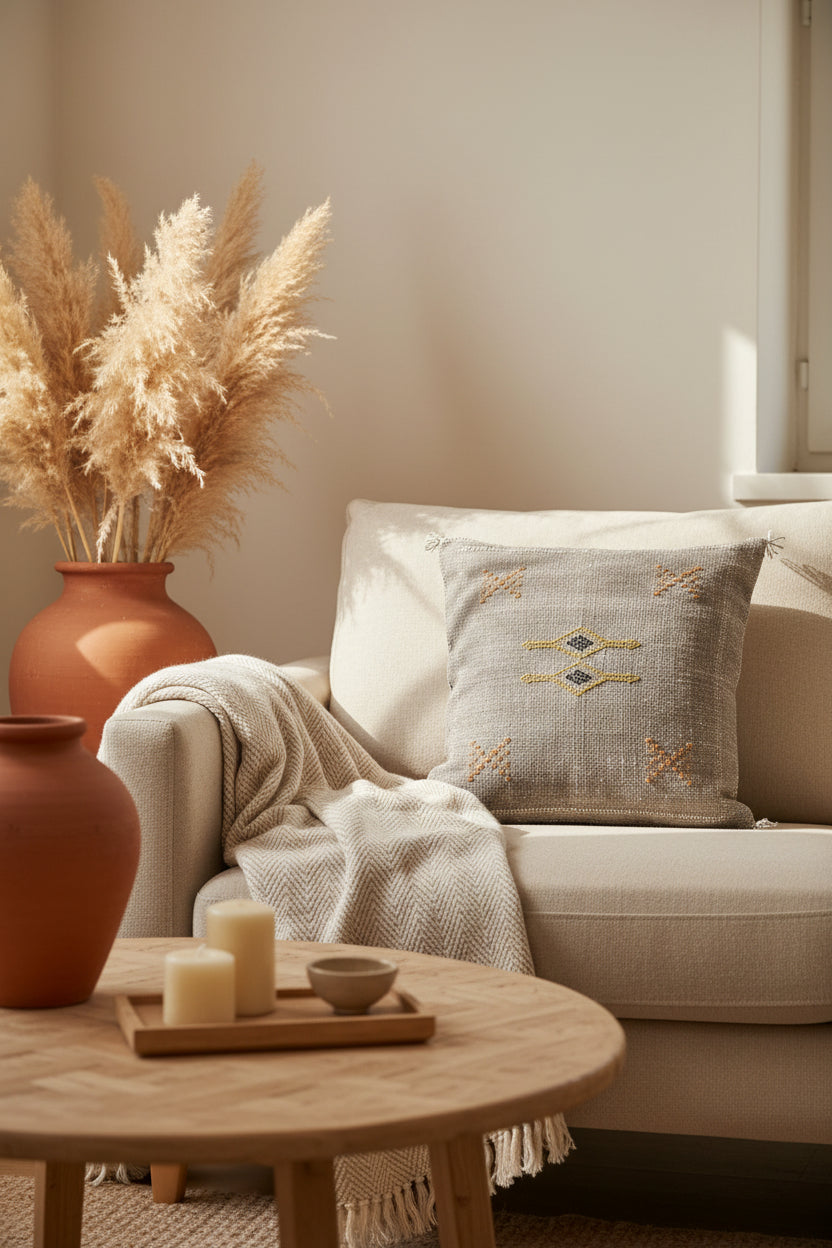 Housse de coussin Sabra taupe et broderies — soie de cactus artisanat marocain fait main