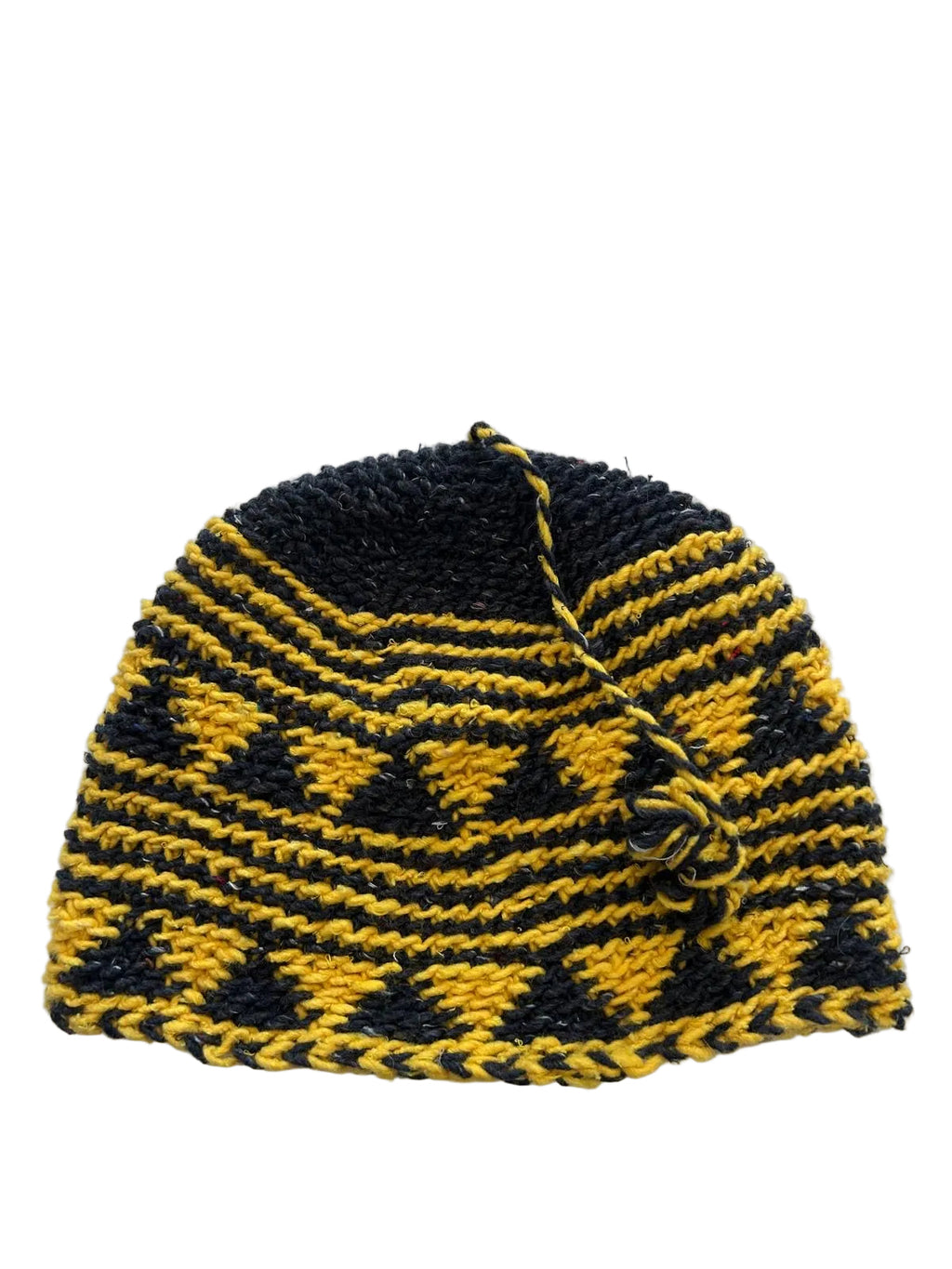 Bonnet tricoté artisanal en laine jaune et noir — fait main au Maroc