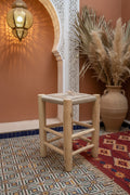 Tabouret en bois d'eucalyptus et cordes — mobilier artisanal marocain fait main