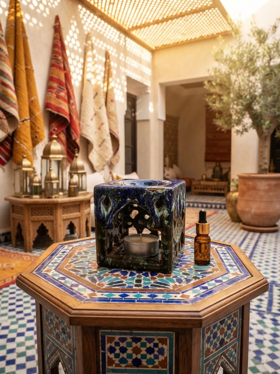 Brûle-parfum carré en céramique bleu marine, marron et vert, avec finition mouchetée, motifs ajourés et bougie chauffe-plat à l’intérieur.