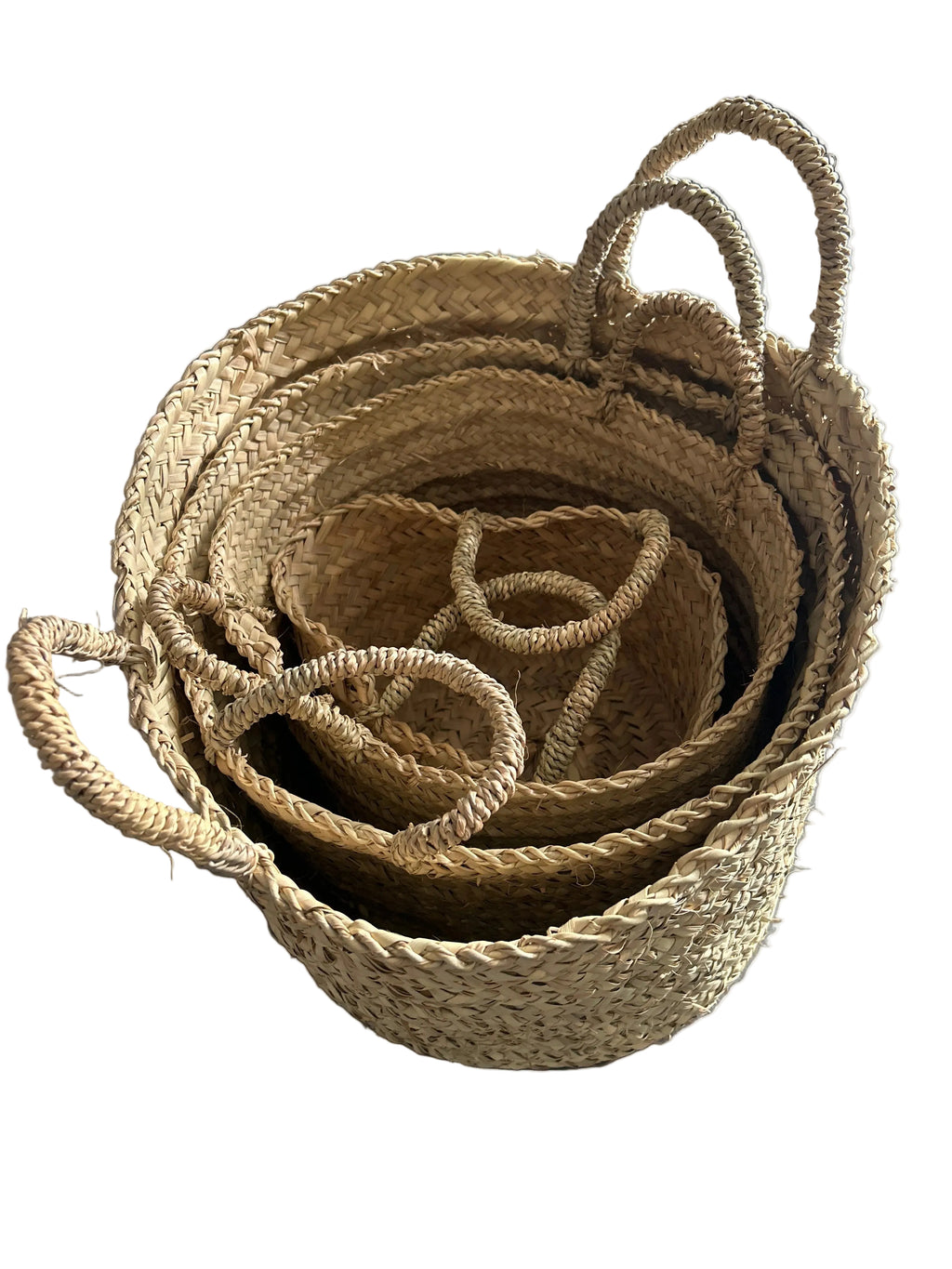 Lot de 4 paniers gigognes marocains en feuille de palmier tressée — fait main au Maroc