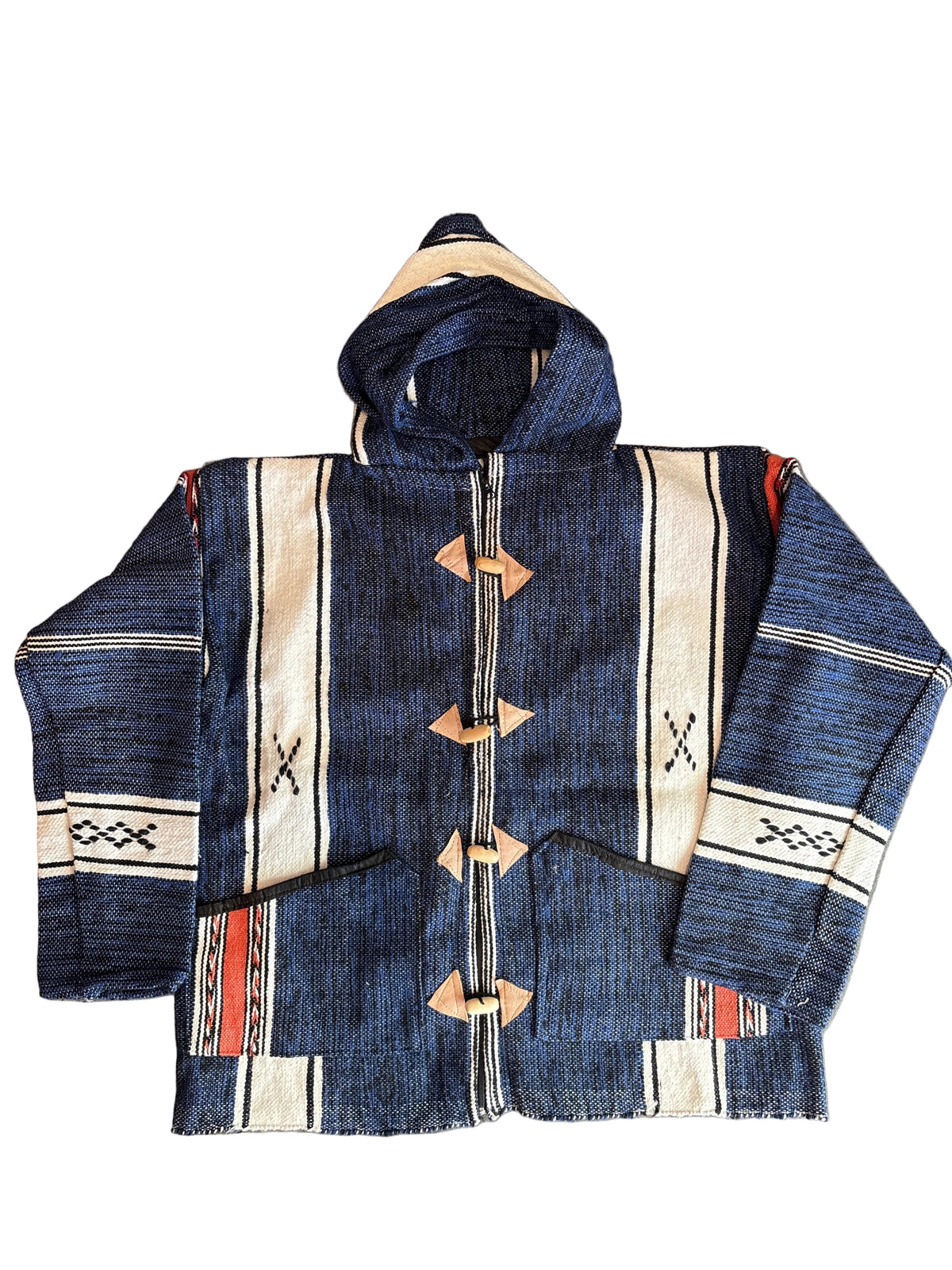 Veste berbère à capuche en laine tissée indigo et blanc — pièce unique artisanat marocain
