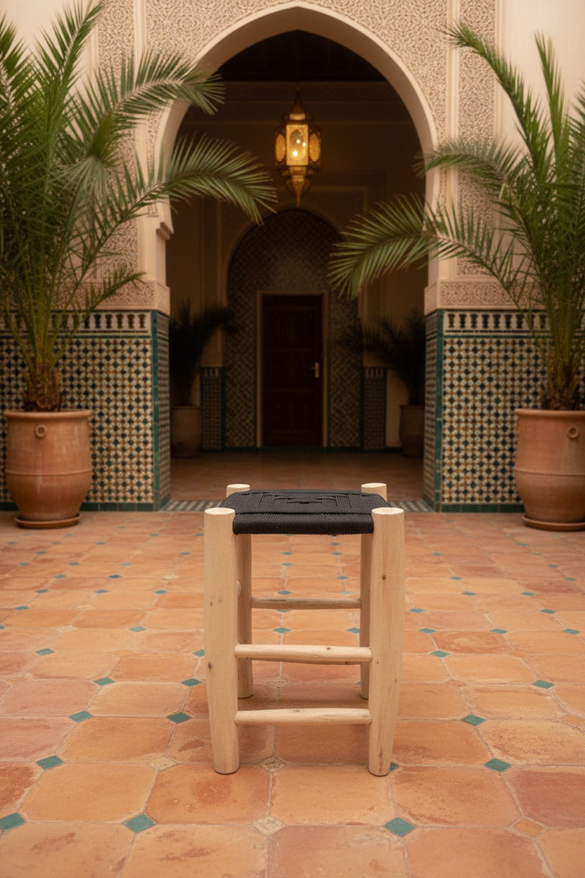 Tabouret en bois d'eucalyptus et cordes de nylon — mobilier artisanal marocain fait main