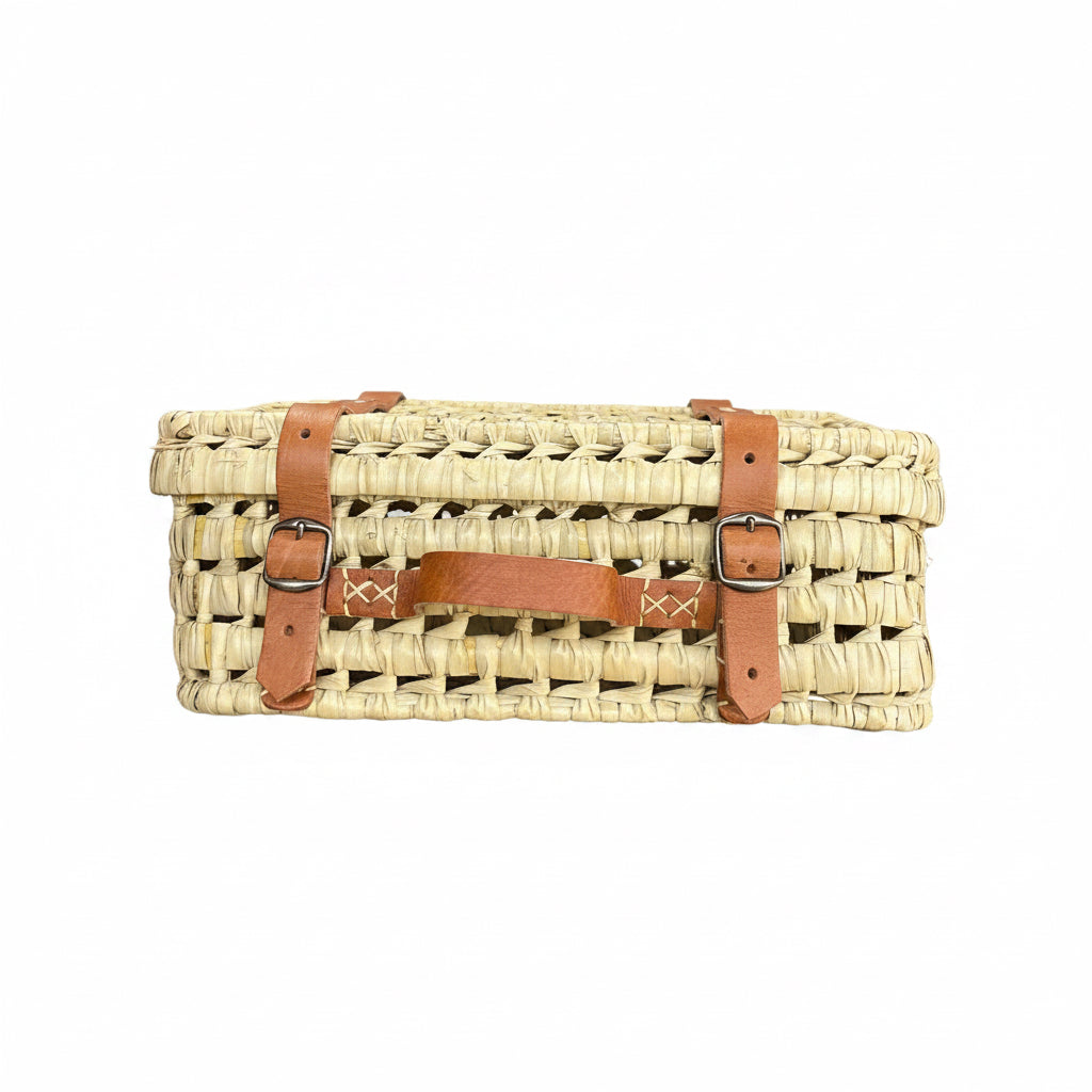 Valisette artisanale en fibre naturelle et cuir — fait main au Maroc