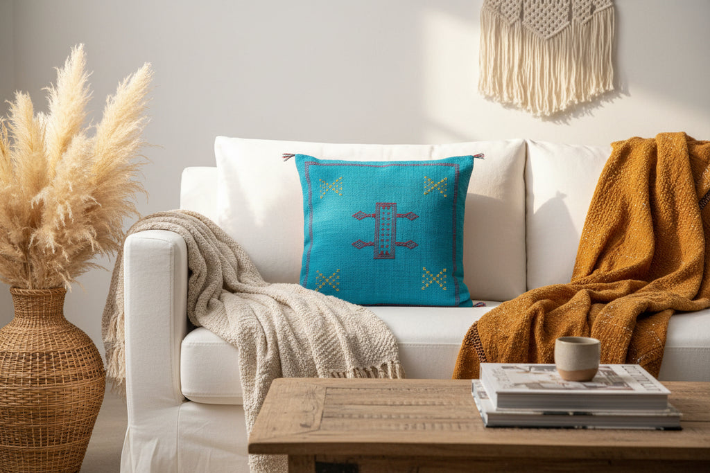 Housse de coussin Sabra turquoise et broderies multicolores — soie de cactus fait main Maroc