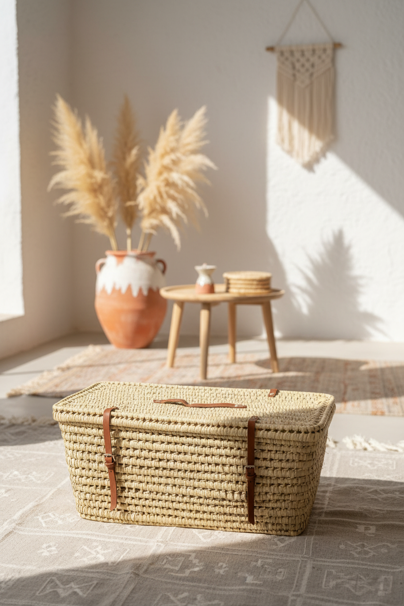 Malle tressée en feuilles de palmier 80 cm poignée cuir — pièce unique artisanale, fait main au Maroc