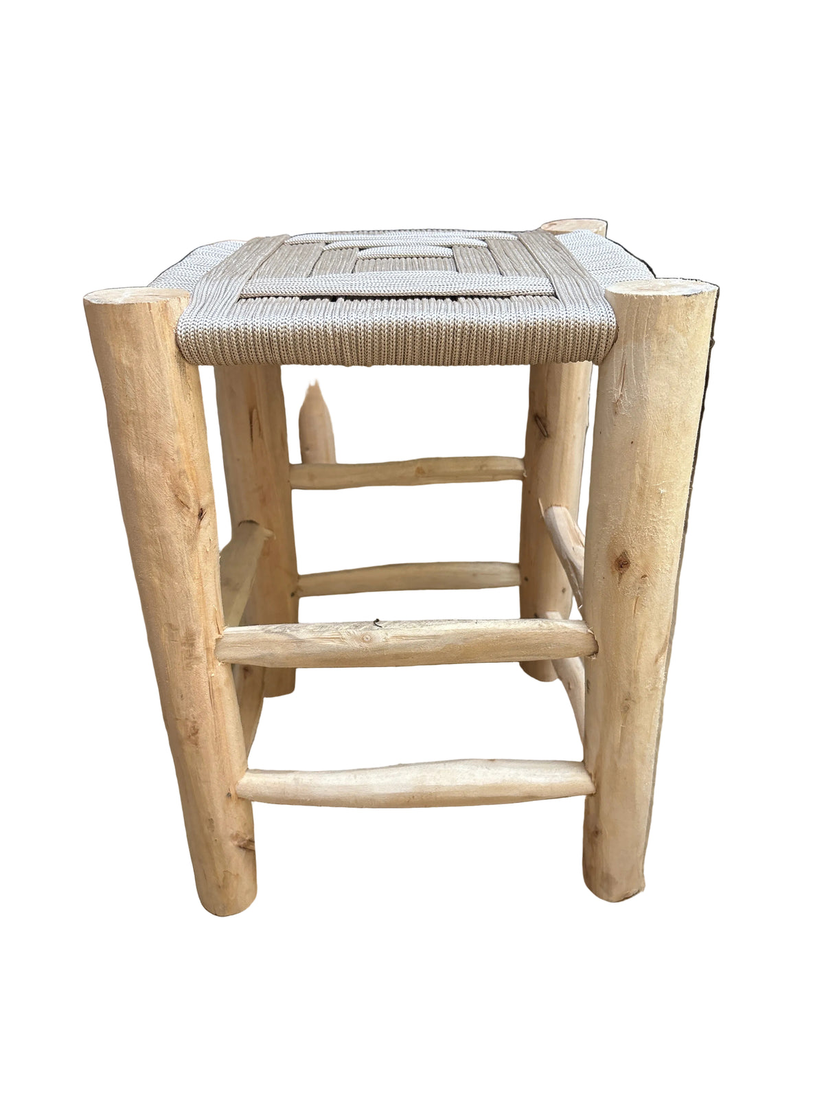 Tabouret en bois d'eucalyptus et cordes — mobilier artisanal marocain fait main