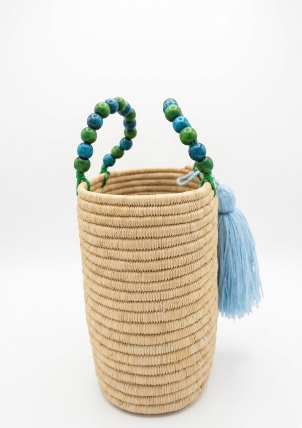 Sac Amira en raphia tressé & perles bleues-vertes — pièce unique artisanale, fait main au Maroc