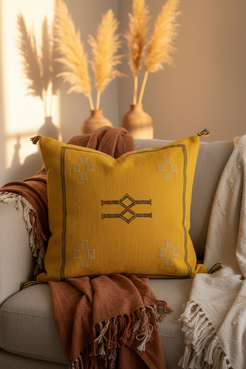 Housse de coussin Sabra jaune moutarde et broderies chocolat — soie de cactus fait main Maroc