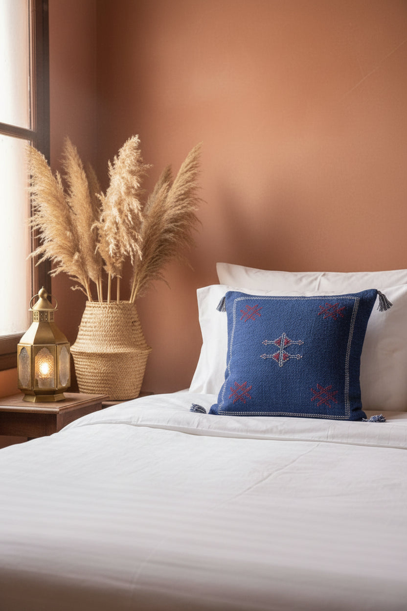 Housse de coussin Sabra bleu et broderies blanc et rouge — soie de cactus fait main Maroc