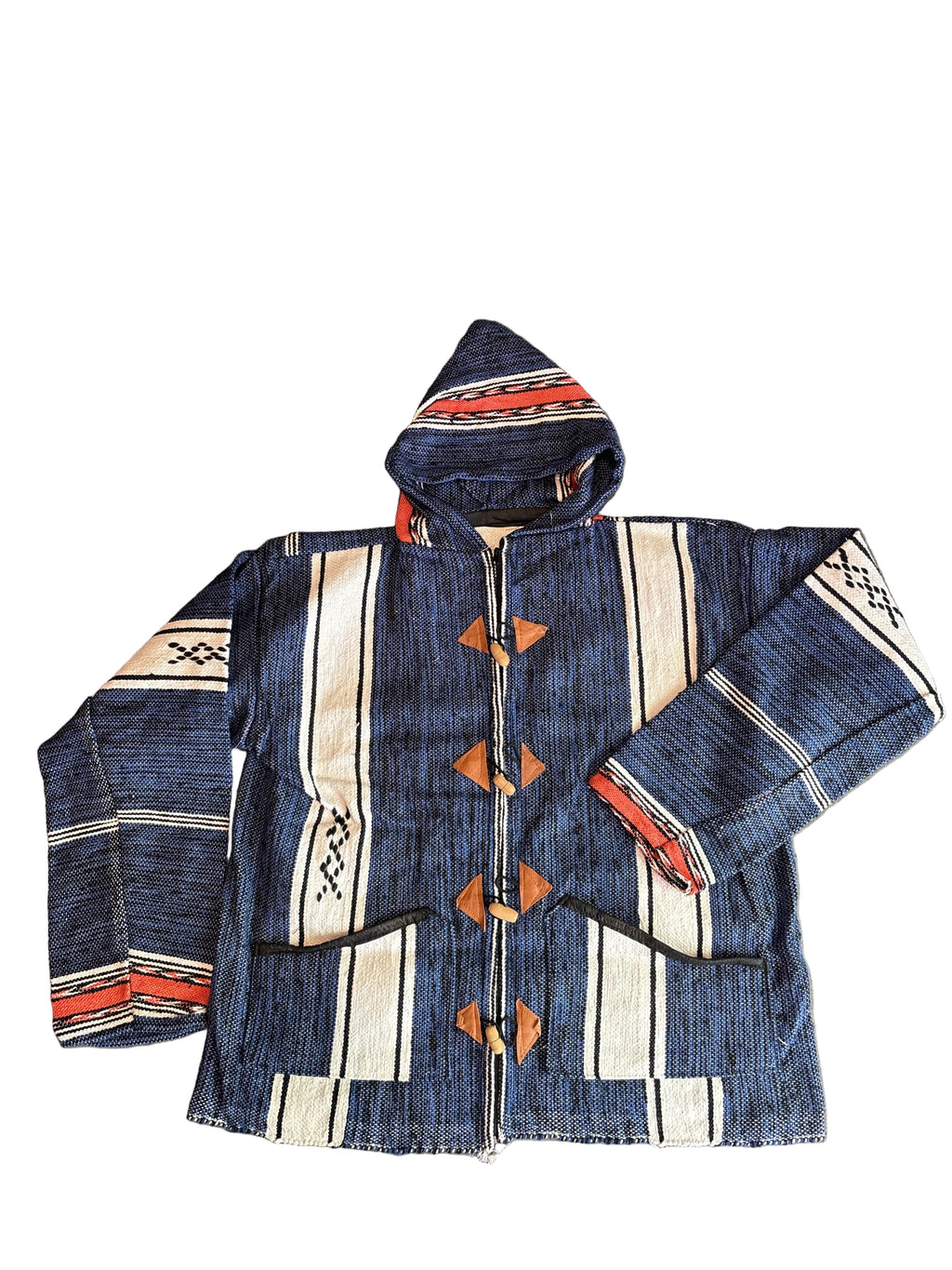 Veste berbère à capuche en laine tissée indigo et blanc — pièce unique artisanat marocain