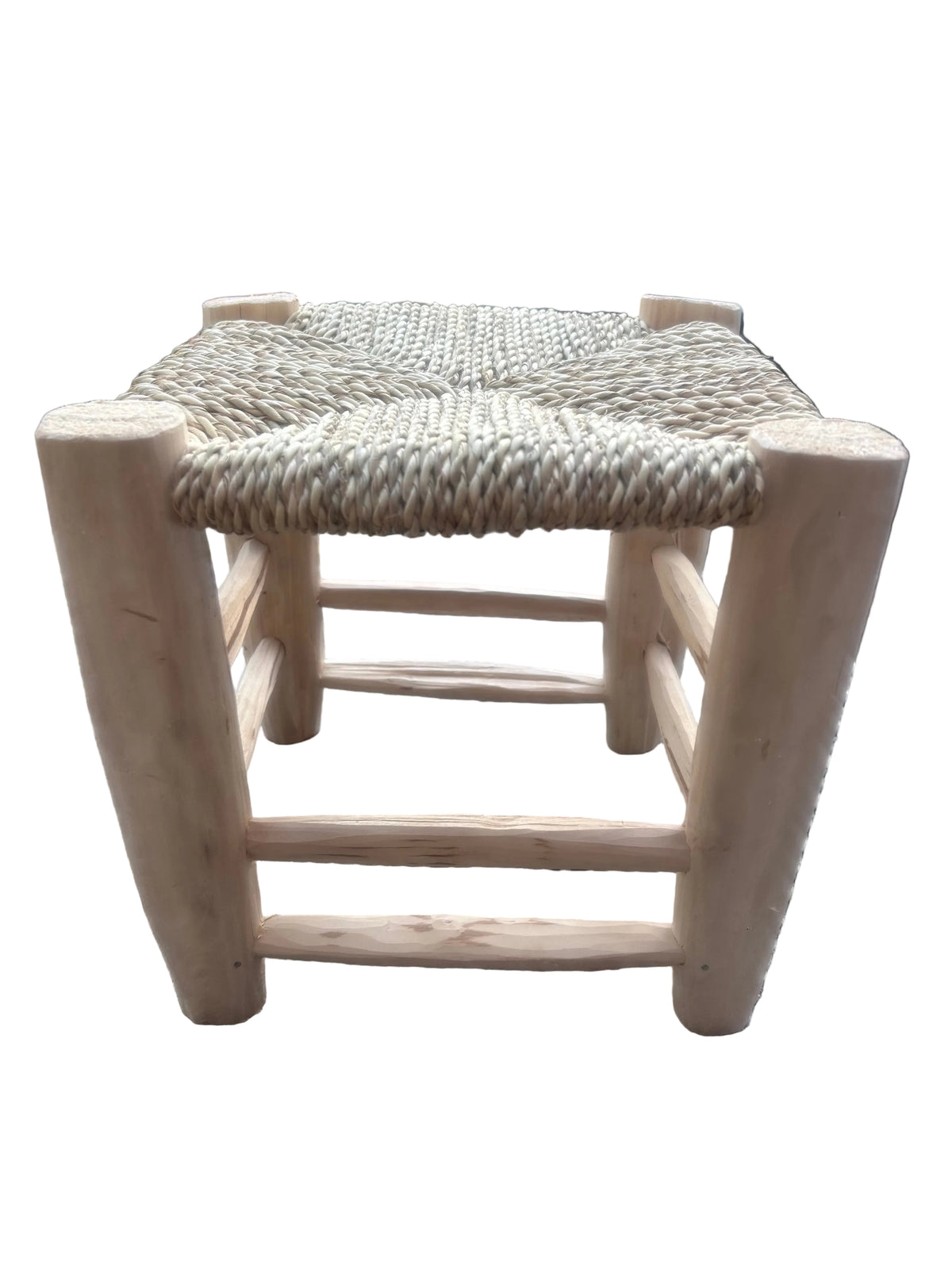 Tabouret en bois d'eucalyptus et cordes — mobilier artisanal marocain fait main
