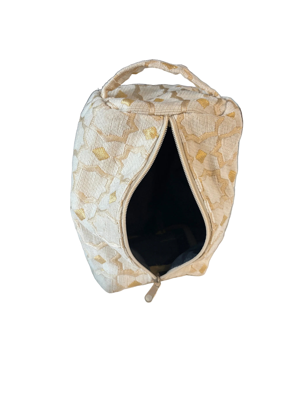 Trousse de toilette en velours blanc et doré, motifs zellige — artisanat marocain fait main