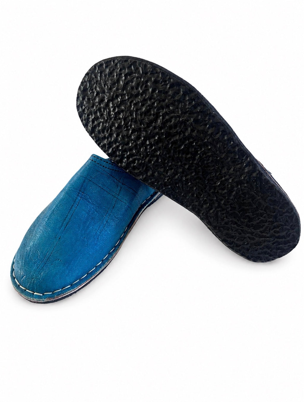 Babouche marocaine en cuir bleu azur — chaussure artisanale fait main au Maroc