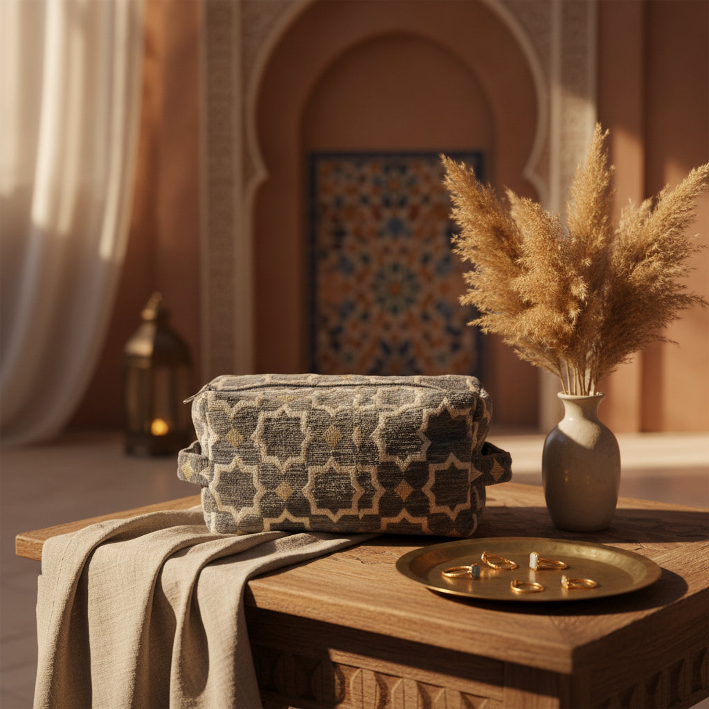Trousse de toilette en velours gris et or motifs zellige — artisanat marocain fait main