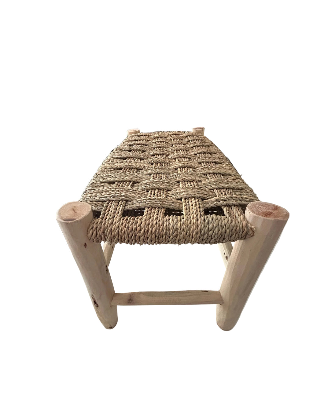 Banc en bois d'eucalyptus et doum tressé — mobilier artisanal marocain, fait main au Maroc