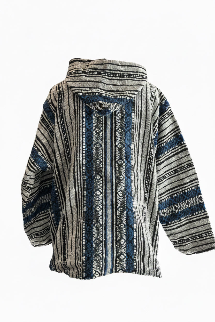 Veste berbère à capuche en laine tissée bleu, gris et noir — tissage artisanal marocain