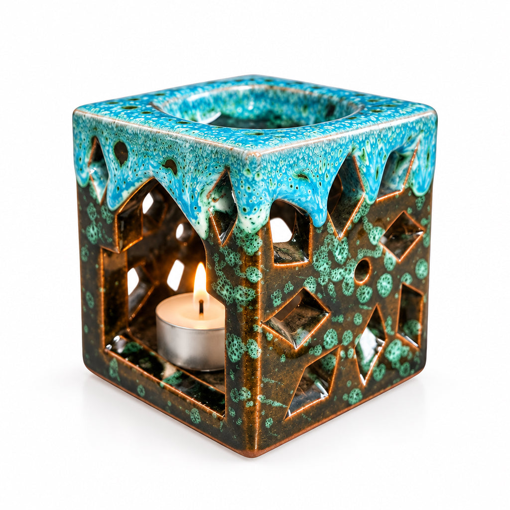 Brûle-parfum carré en céramique bleu turquoise, vert et marron, avec finition mouchetée, motifs ajourés et bougie chauffe-plat à l’intérieur.