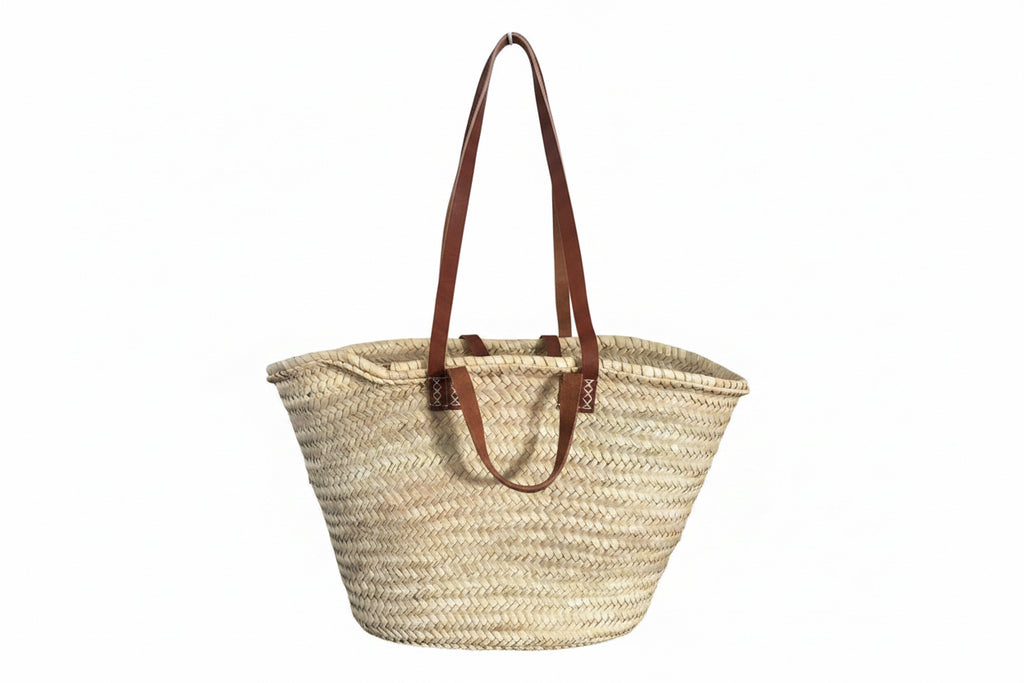 Panier Leïla en fibre naturelle et sangle cuir — décoration artisanale marocaine, fait main au Maroc
