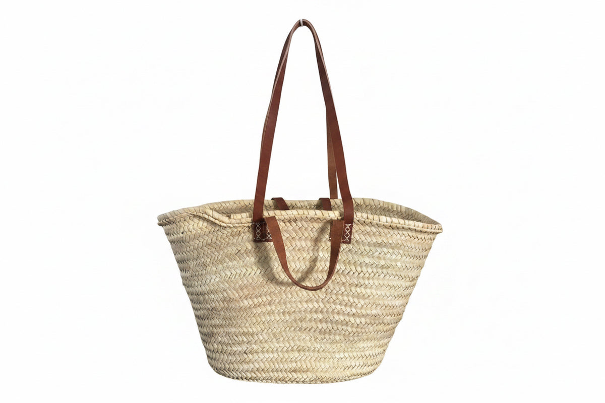 Panier Leïla en fibre naturelle et sangle cuir — décoration artisanale marocaine, fait main au Maroc