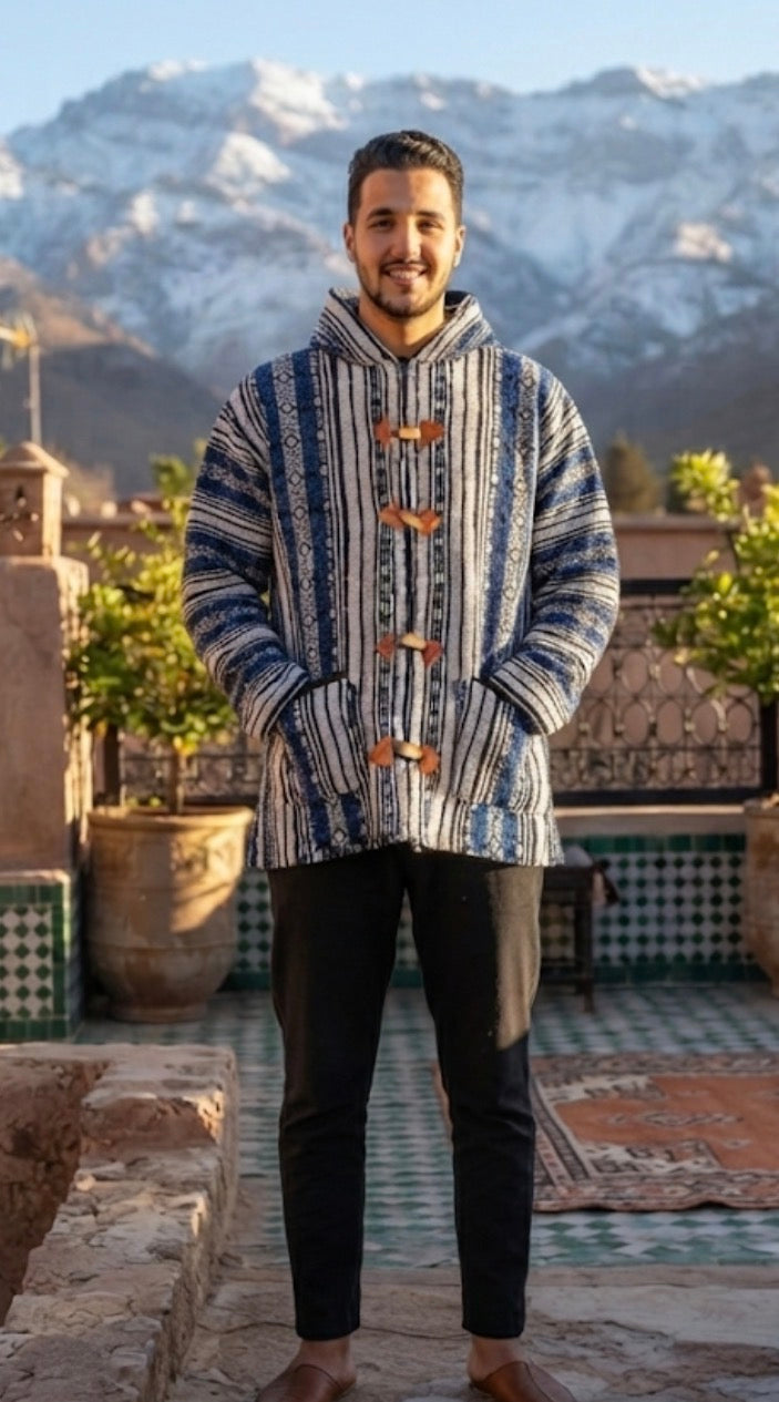Veste berbère à capuche en laine tissée bleu, gris et noir — tissage artisanal marocain