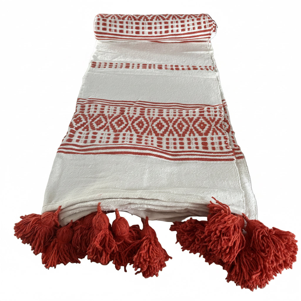 Plaid berbère blanc et rouge — 2,80 x 1,80 m tissé main Maroc