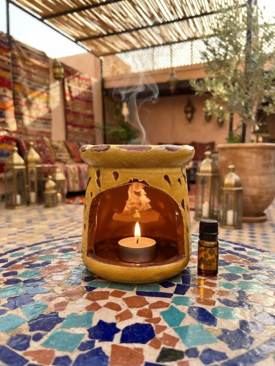 Brûle-parfum en céramique jaune, avec ouvertures ajourées, coupelle à bord ondulé et bougie chauffe-plat allumée à l’intérieur.