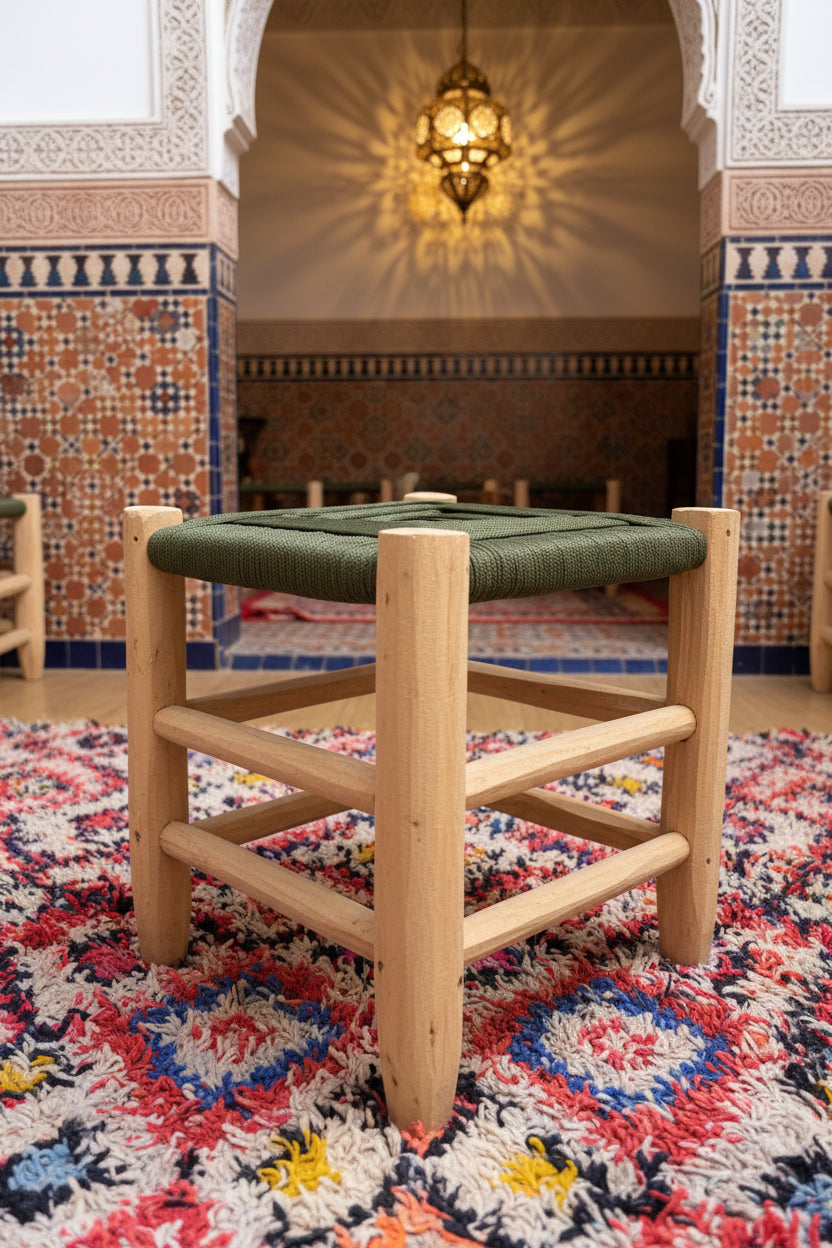 Tabouret en bois d'eucalyptus et cordes de nylon — mobilier artisanal marocain fait main