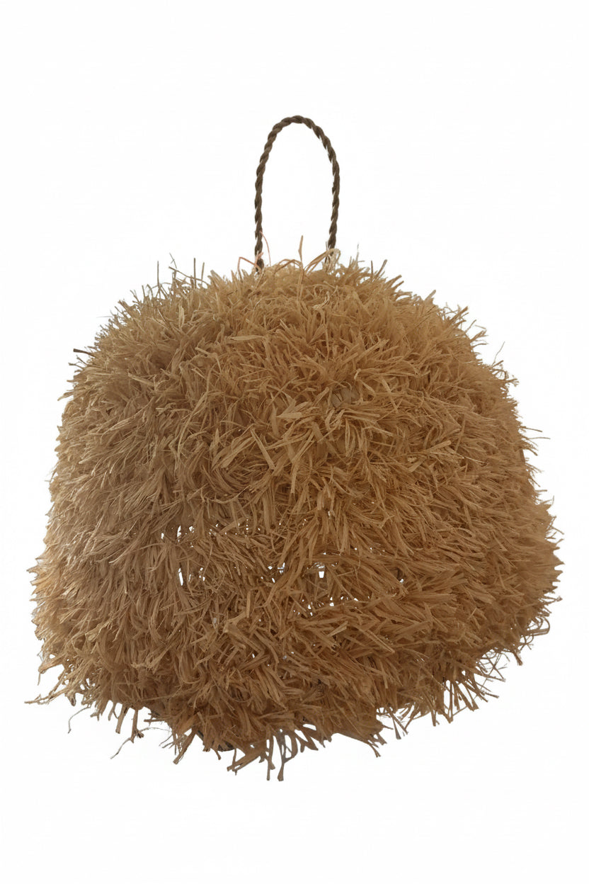 Suspension en raphia et fibres naturelles 45 cm — luminaire artisanal marocain, fait main au Maroc