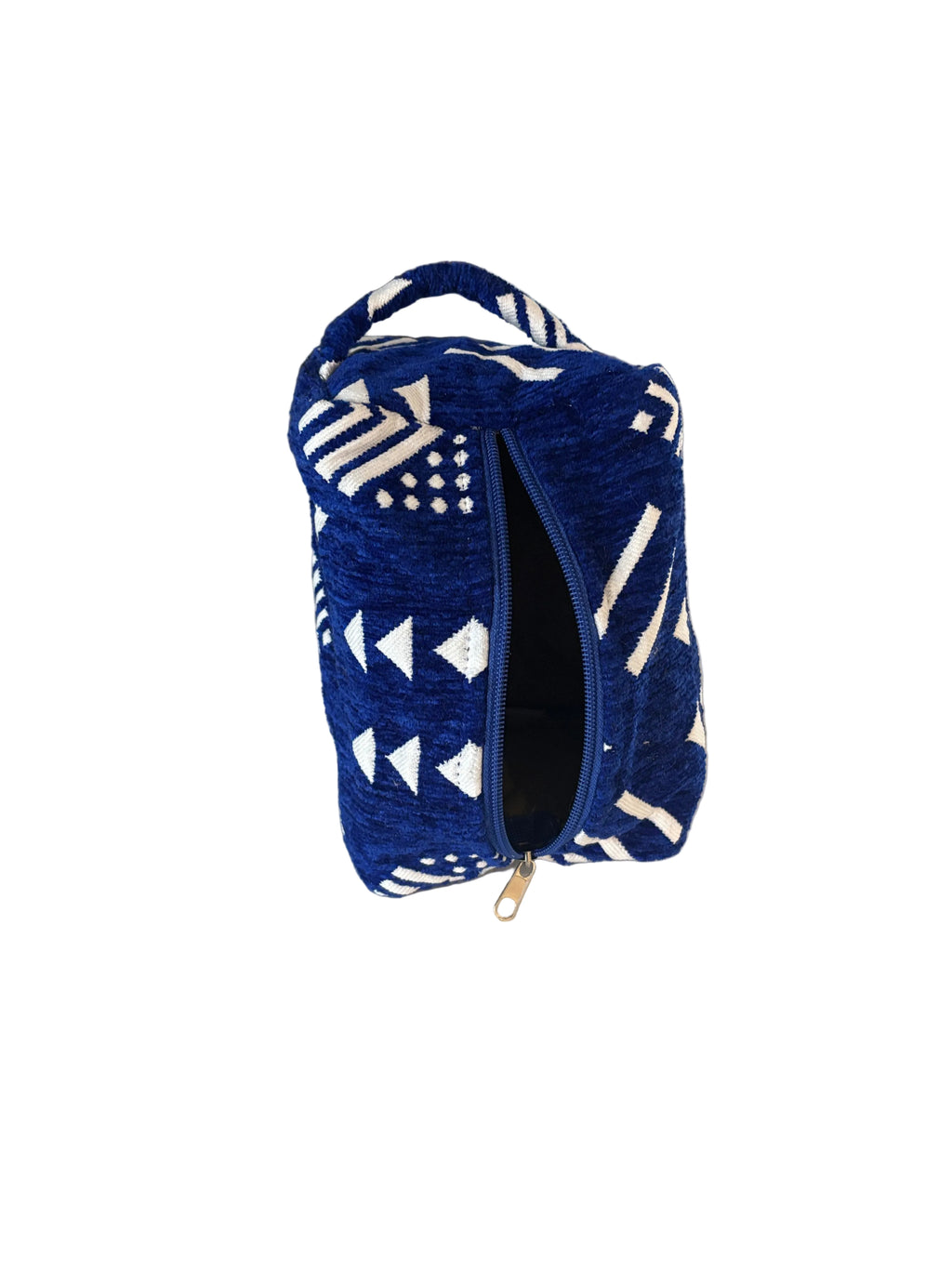Trousse de toilette en velours bleu et blanc, motifs zellige — artisanat marocain fait main