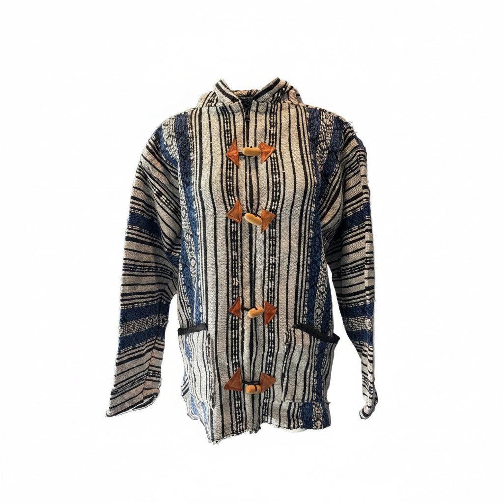 Veste berbère à capuche en laine tissée bleu, gris et noir — tissage artisanal marocain