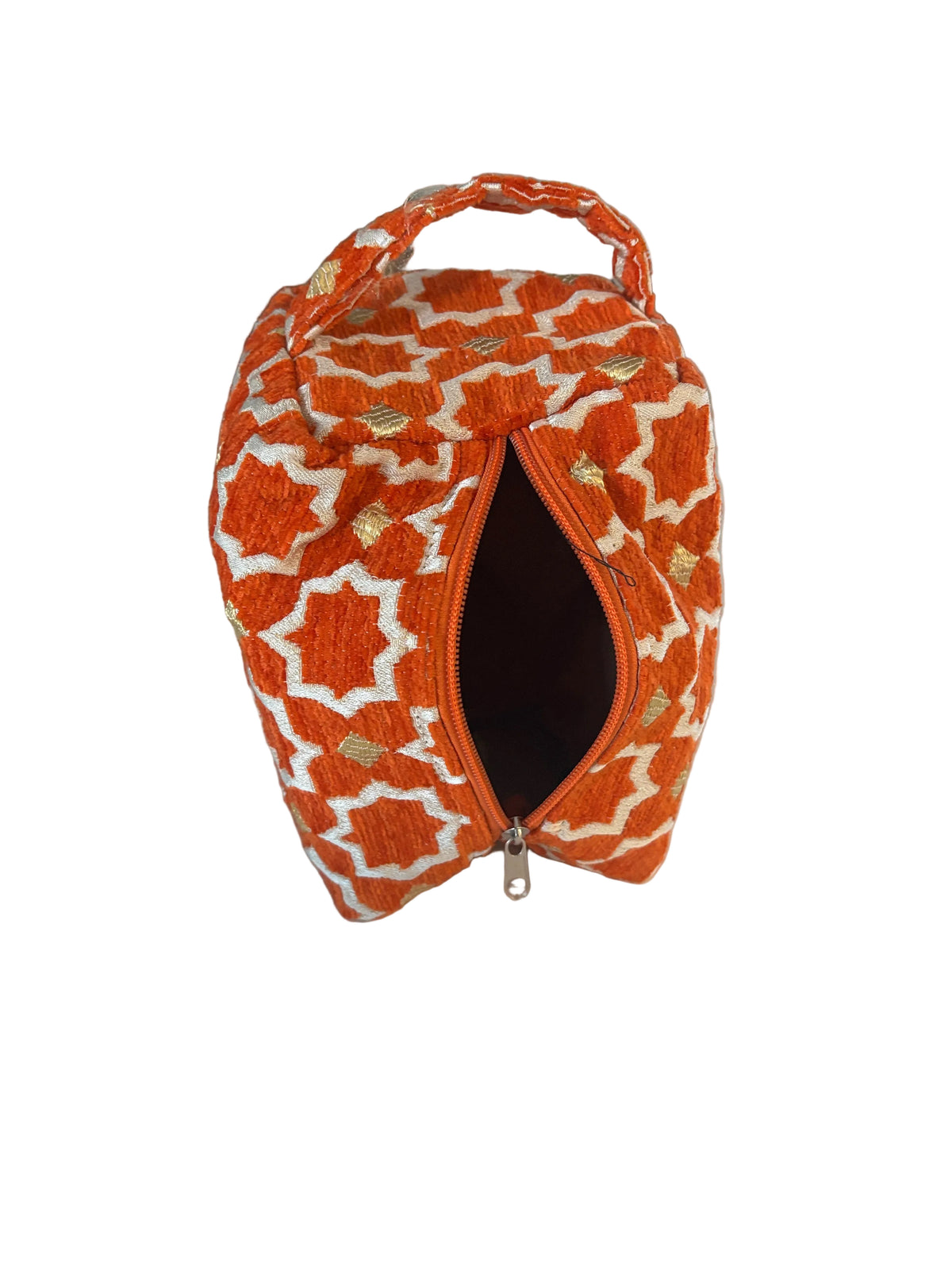 Trousse de toilette en velours orange et doré, motifs zellige — artisanat marocain fait main