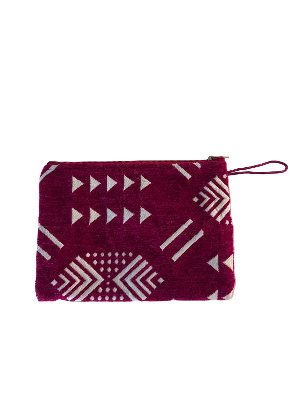 Pochette plate fuchsia et blanc motifs berbères — artisanat marocain fait main au Maroc