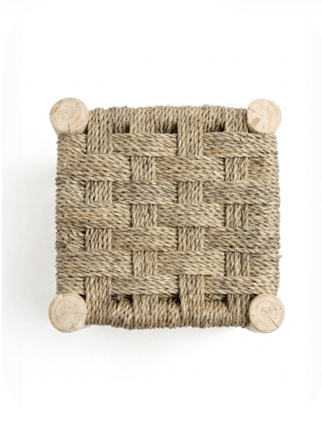 Tabouret en bois d'eucalyptus et doum tressé damier — mobilier artisanal marocain, pièce unique