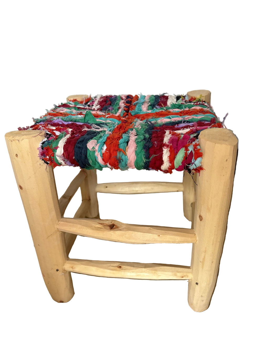 Tabouret en bois d'eucalyptus et boucherouite — mobilier artisanal marocain fait main