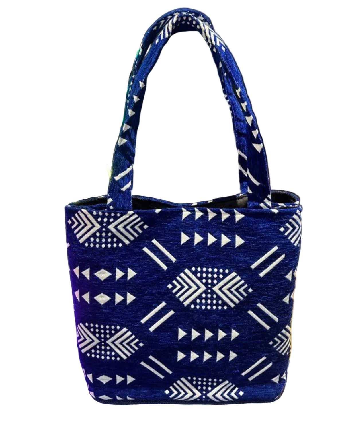 Tote bag en velours artisanal bleu et blanc — fait main Maroc