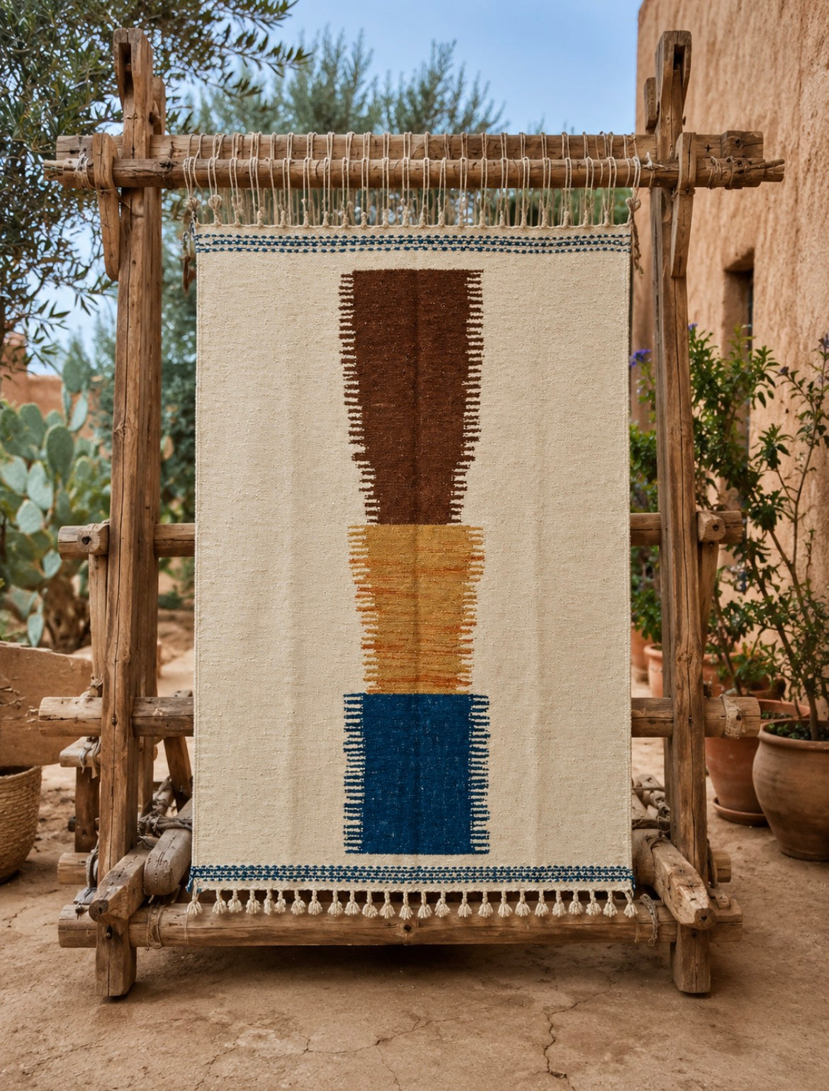 Tapis berbère géométrique ivoire terracotta et bleu cobalt — tissé main Maroc