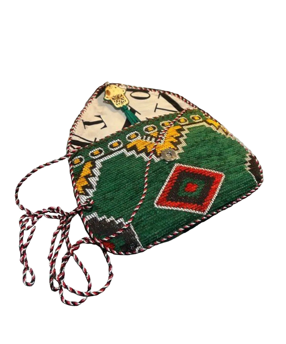 Pochette kilim berbère vert émeraude motifs géométriques — artisanat marocain fait main