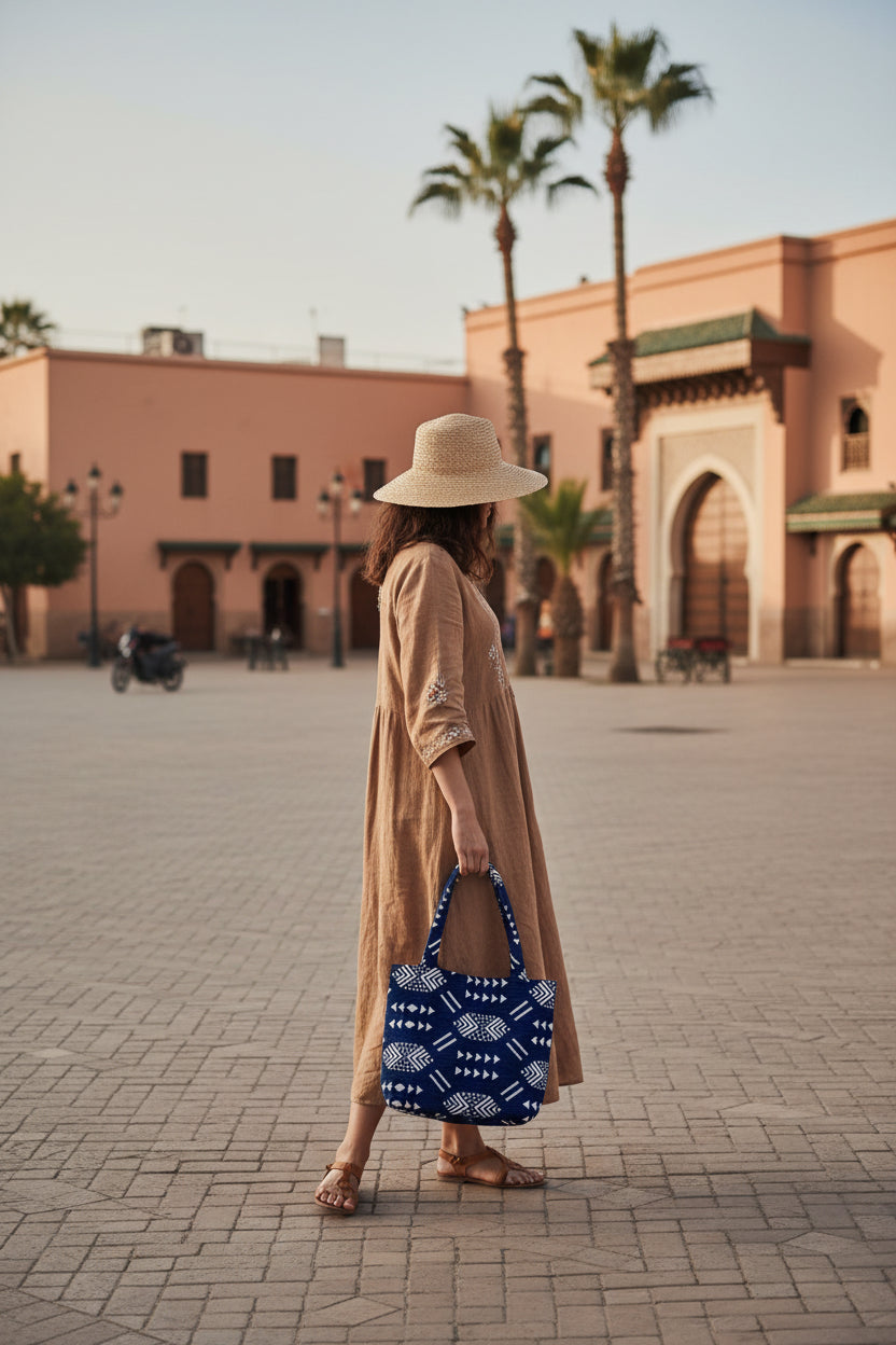 Tote bag en velours artisanal bleu et blanc — fait main Maroc