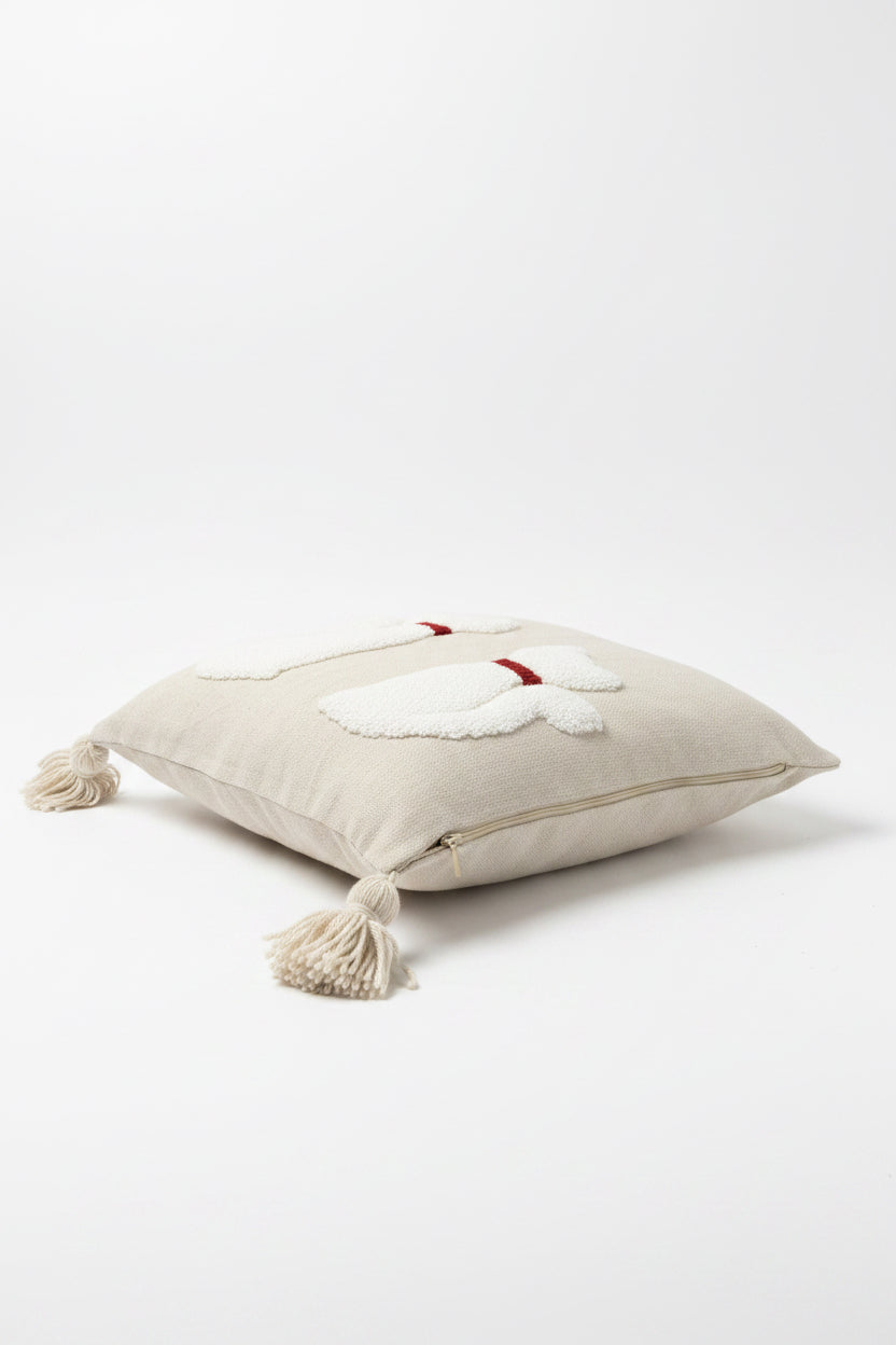 Lot de 2 housses de coussin chat en coton artisanal pompons — fait main Maroc