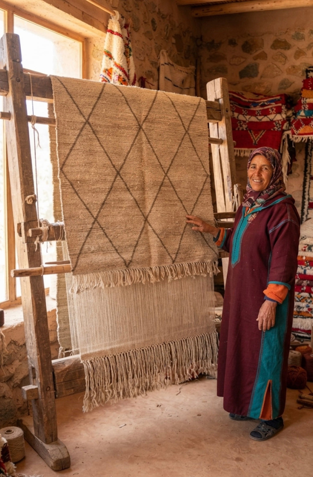 Tapis kilim berbère losanges naturels — 160 x 100 cm tissé main pièce unique Maroc