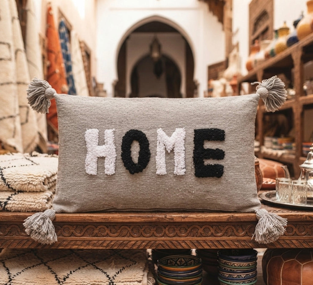 Housse de coussin Détail broderie HOME – housse de coussin grise et noire faite main
