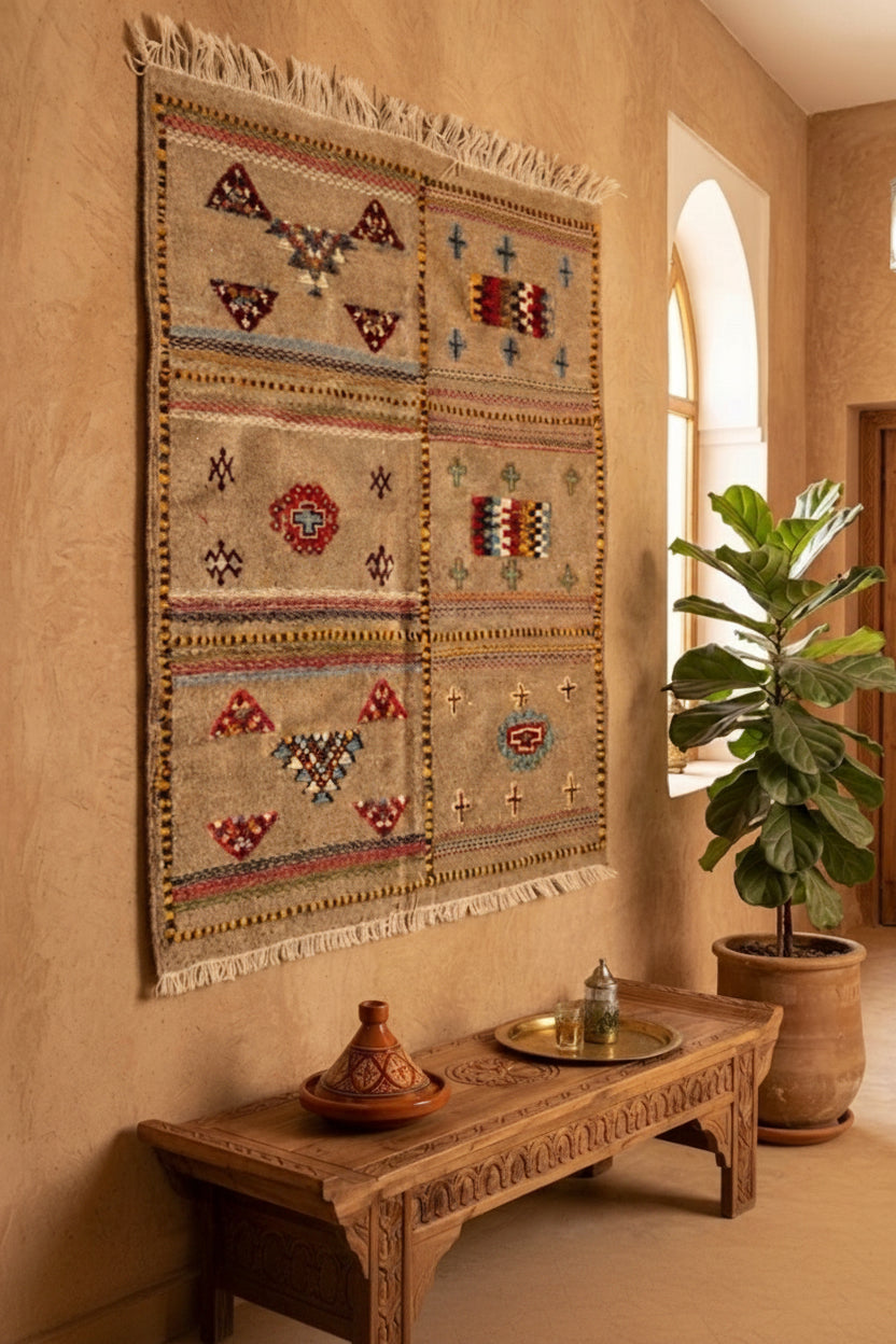 Tapis kilim berbère motifs tribaux en laine naturelle — tissé main pièce unique Maroc